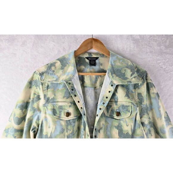 Denim Jacket 3/4 Sleeves L Multiples Pastel Blue Green Brass Accents Open Front - Picture 11 of 15